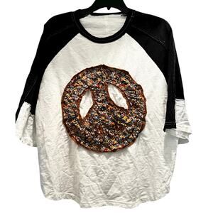 Unbranded black white patchwork peace raw hem hippy Woodstock jersey sz L